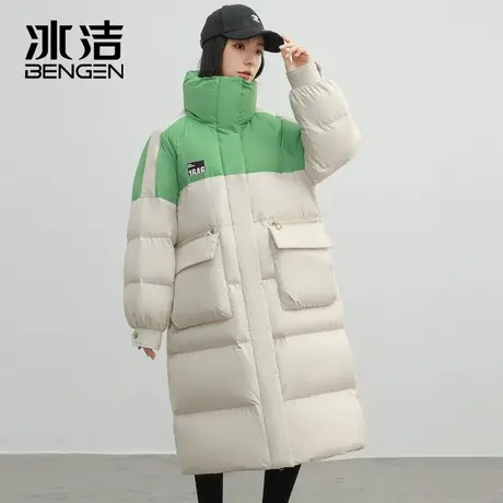 冰洁羽绒服女2023秋冬季新款过膝长款时尚双色拼接潮流保暖外套HN商品大图