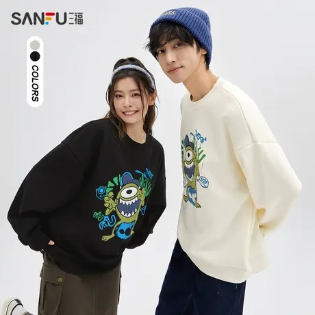 【怪兽大学联名】三福2023冬男士潮流拼毛圆领重磅卫衣477069商品大图