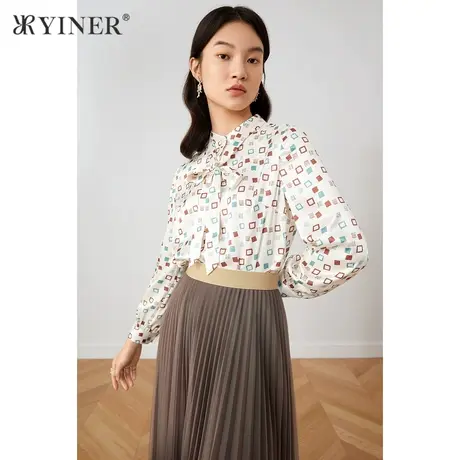 YINER音儿商场同款女装2021秋季新款几何印花蝴蝶结系带短衬衫商品大图