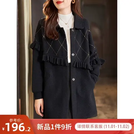 宝诗黎翻领钉珠格子针织外套女拼接木耳边宽松上衣2023秋冬季新款商品大图