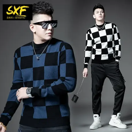 SXF圣希梵毛衣男 冬季新款羊毛衫格子线衣修身圆领男士针织衫潮牌商品大图