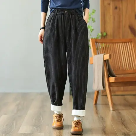 dza 高腰显瘦竖条纹休闲加厚长裤子女士秋冬宽松阔腿裤直筒哈伦裤商品大图