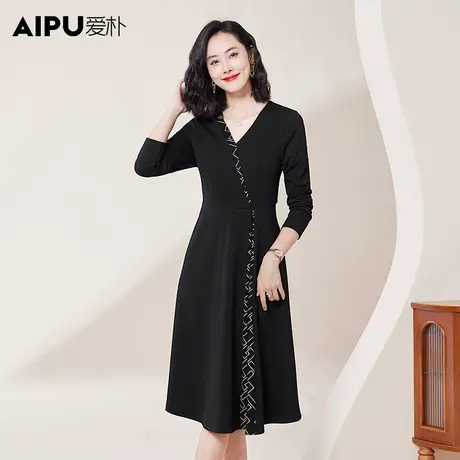 爱朴大码冬季新款2023胖mm时尚显瘦休闲连衣裙设计感收腰几何拼接商品大图