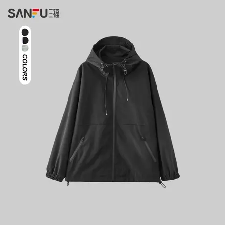 三福2024春男士帽子抽绳纯色夹克外套 宽松连帽上衣男479150商品大图