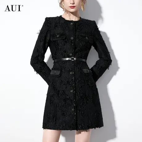 AUI黑色小香风中长款外套女2023秋冬新款重工高端修身大衣加羽绒图片