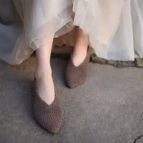 Artmu阿木原创复古真皮编织单鞋女尖头奶奶鞋一脚蹬女鞋2023新款商品大图