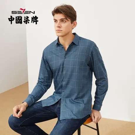 【加绒】柒牌男士衬衫2021秋冬新款时尚休闲百搭绣花格纹保暖T恤图片