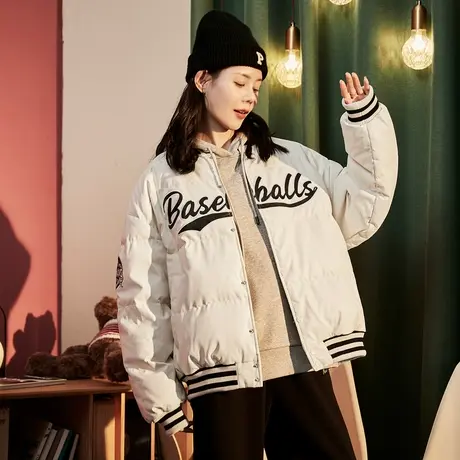 唐狮短款PU羽绒服冬季女设计感小众保暖棒球领厚羽绒外套ins潮图片
