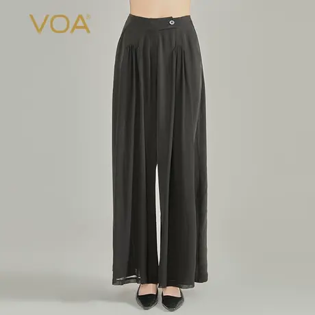 VOA重磅真丝30姆米黑乔其拼接不对称一粒扣时尚百搭桑蚕丝阔腿裤图片