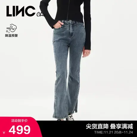 LINCCHIC金羽杰裤子女复古灰蓝色中高腰微喇叭牛仔裤S231JE181Y图片