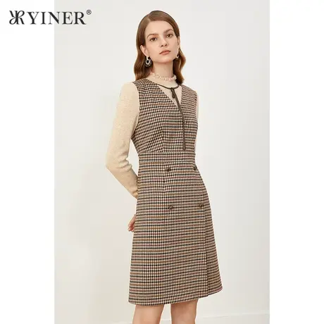 YINER音儿奥莱女装冬季拼接收腰格子连衣裙图片
