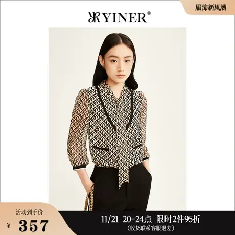 YINER音儿专选秋季设计感印花蝴蝶结雪纺衫七分袖上衣图片