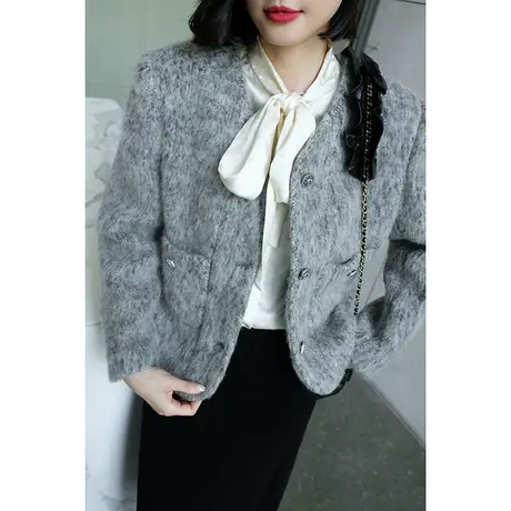 2023秋冬新款女装优雅气质女神灰羊毛女士小香风女士短外套上衣图片