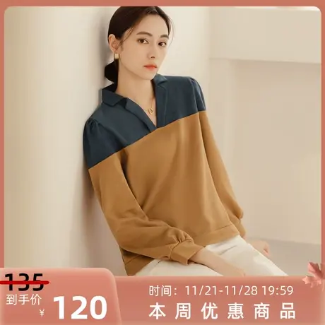 桔熊秋冬设计感翻领卫衣女拼接撞色泡泡袖上衣胖妹妹大码AB19172商品大图