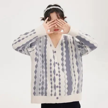 尔给灰色复古中长款开衫v领设计感毛衣女秋日系温柔外套商品大图