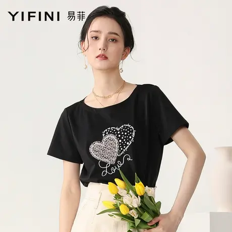 Yifini/易菲黑色重工T恤女印花宽松显瘦设计感小众上衣夏装新款潮商品大图
