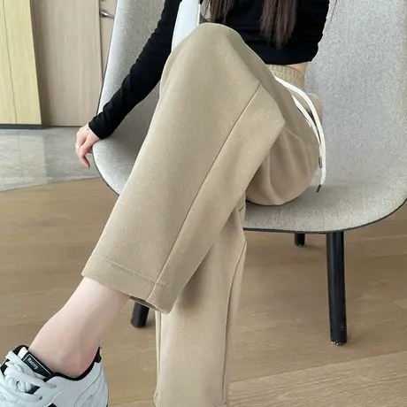 卡其色毛呢裤子女秋冬加厚2023新款休闲直筒九分小个子哈伦运动裤商品大图