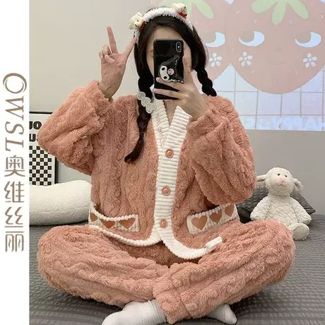 秋冬季睡衣女生法兰绒加厚保暖珊瑚绒学生ins家居服套装图片