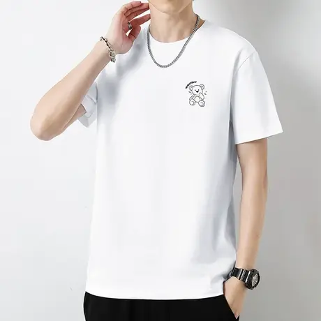 230g重磅t恤男士短袖纯棉夏季小熊潮流白色体恤衫液氨长绒棉半袖商品大图