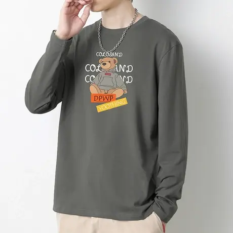 纯棉t恤男士长袖宽松潮流小熊印花上衣服内搭打底衫全棉体恤小衫商品大图