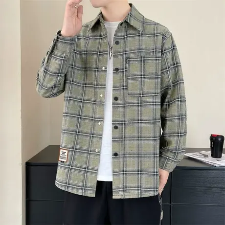 格子衬衫男长袖春秋季新款潮牌帅气青少年外套休闲百搭翻领衬衣男商品大图