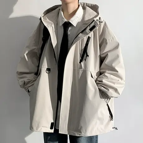 美式冲锋衣男春秋季大码宽松休闲工装夹克男潮牌户外防风连帽外套商品大图