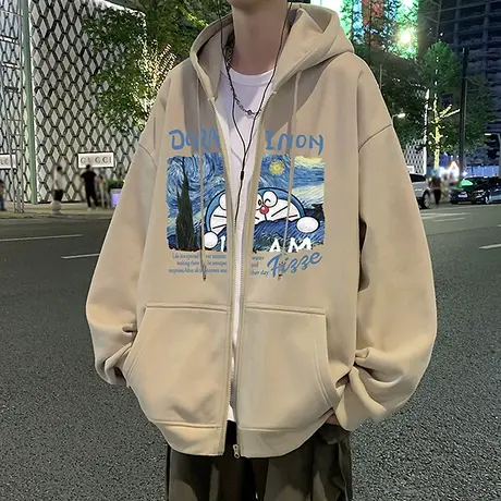 连帽卫衣男2024春秋新款潮牌重磅宽松复古美式慵懒风外套拉链开衫商品大图