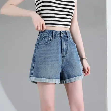 时尚气质牛仔短裤2023年夏季新款女士简约百搭高腰显瘦通勤直筒裤商品大图