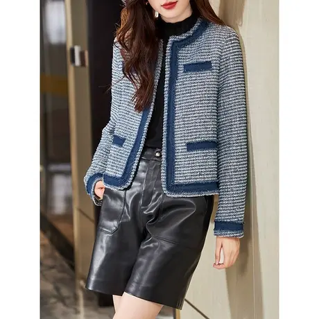 宝诗黎圆领小香风高级感气质羊毛开衫上衣2023秋季新款时尚短外套商品大图