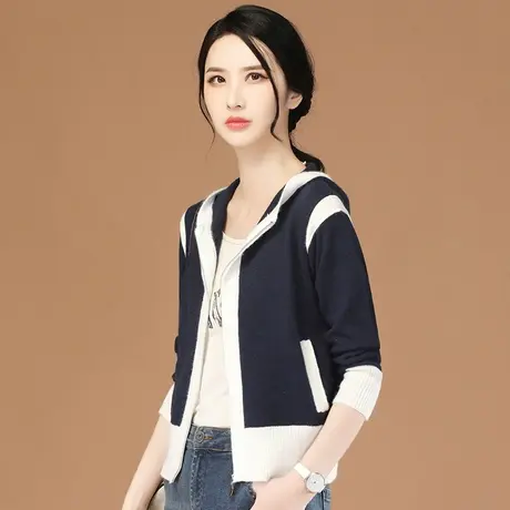 韩潮袭人连帽撞色长袖针织开衫女2024春季新款百搭显瘦毛衣外套薄图片