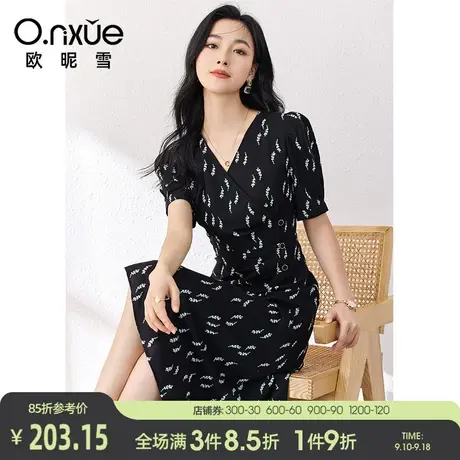 欧昵雪2023夏季新品连衣裙女气质V领高腰短袖设计感中长款碎花裙图片