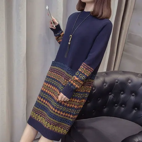 气质半高领毛衣裙女秋冬加厚套头针织打底衫毛线衣宽松外穿慵懒风图片