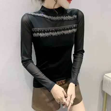 丝绒网纱拼接T恤女长袖烫钻性感紧身上衣半高领加绒加厚打底衫女商品大图