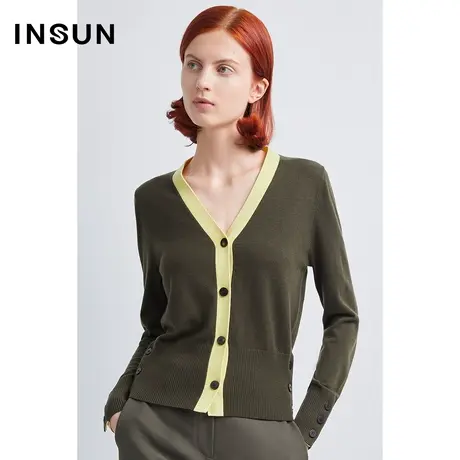 INSUN恩裳秋季V领撞色显瘦羊毛针织衫商品大图
