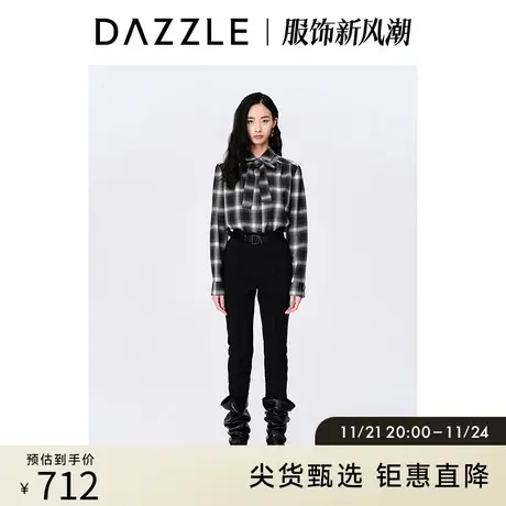 DAZZLE地素奥莱秋通勤格纹蝴蝶结系带长袖衬衫内搭上衣女商品大图