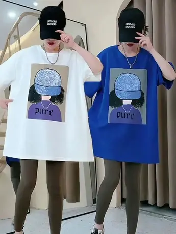 2023夏季新款时尚印花宽松显瘦圆领大版T恤休闲百搭胖MM短袖上衣商品大图