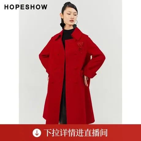 【直播专享】冬季新款女装直身双排扣翻领大衣89121450847红袖商品大图