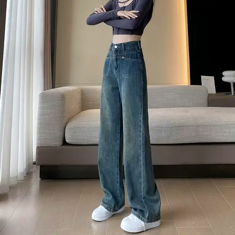 美式复古牛仔阔腿裤女春秋新款设计感口袋高腰宽松直筒显瘦拖地子商品大图
