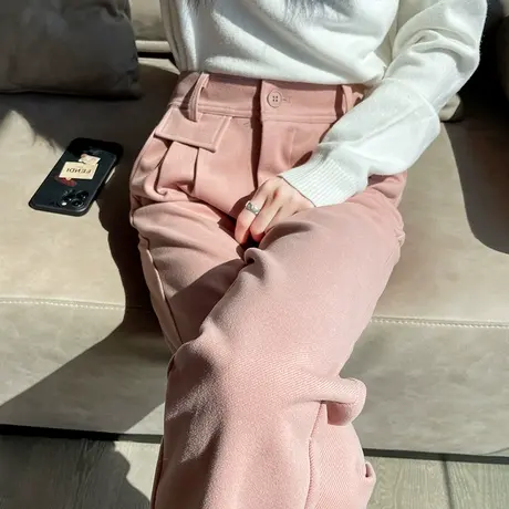 粉色毛呢裤子女2024春秋新款高腰直筒宽松显瘦百搭九分休闲萝卜裤商品大图
