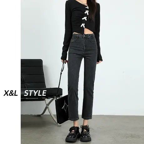 高腰烟管牛仔裤女秋装2023新款设计感修身百搭小个子直筒法棍裤子图片