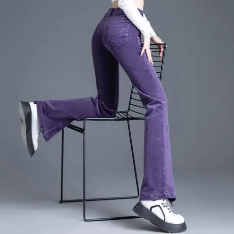 紫色灯芯绒微喇叭裤子女秋冬加厚新款休闲裤高腰显瘦条绒阔腿长裤图片