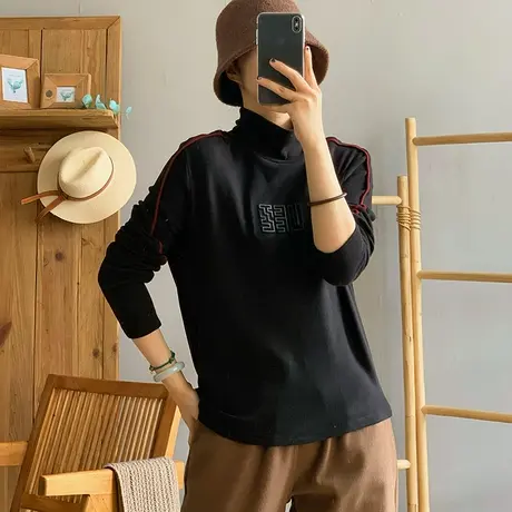 dza 复古纯棉针织高领打底衫女秋冬内搭宽松T恤休闲纯棉长袖上衣商品大图