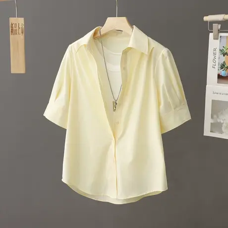 2024夏季新款泡泡袖纯色简约衬衫女短袖宽松小个子上衣叠穿衬衣女商品大图
