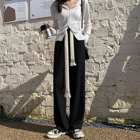 运动裤子女2021秋冬宽松卫裤显瘦直筒休闲高腰垂感阔腿长裤潮ins图片