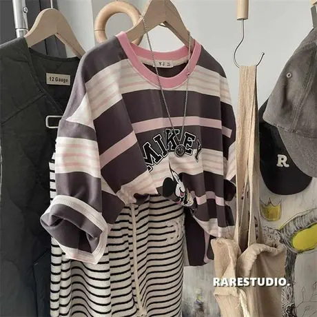 撞色复古彩色条纹米奇字母印花减龄休闲短袖宽松百搭棉T恤女韩系商品大图