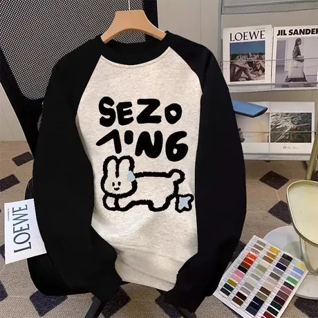 高级感撞色卫衣女oversize大码插肩袖遮肉上衣小个子ins学生外套商品大图