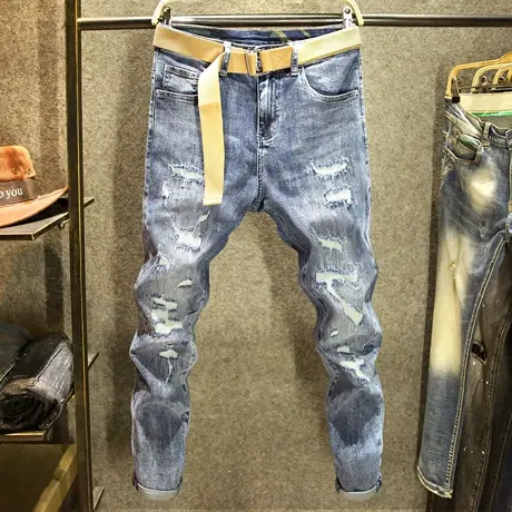 夏季破洞补丁牛仔裤男士韩版修身小脚裤蓝色潮流百搭弹力乞丐裤子商品大图