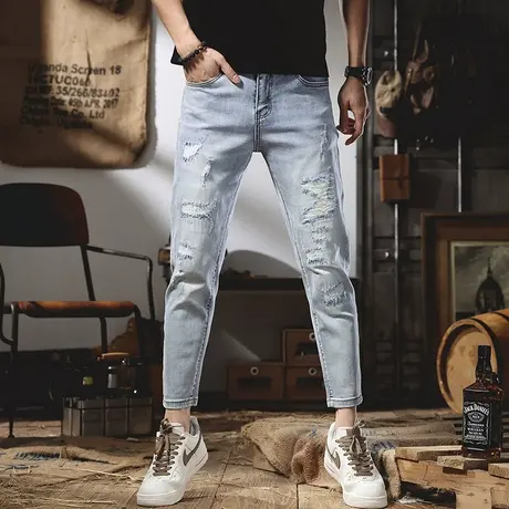 夏季牛仔裤男破洞九分裤韩版潮流小脚裤男士修身百搭乞丐裤薄款潮商品大图