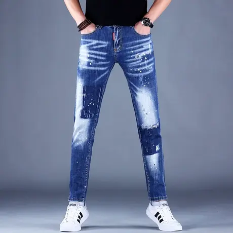 男士高端破洞印花牛仔裤男潮牌修身小脚2023新款裤子韩版休闲弹力商品大图