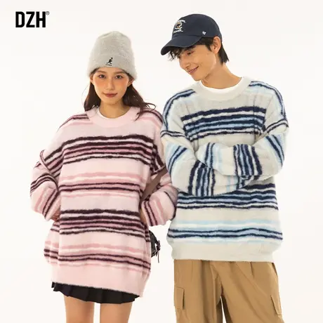 情侣日系慵懒风圆领毛衣男秋冬款2024新款学院风条纹针织衫毛线衣商品大图